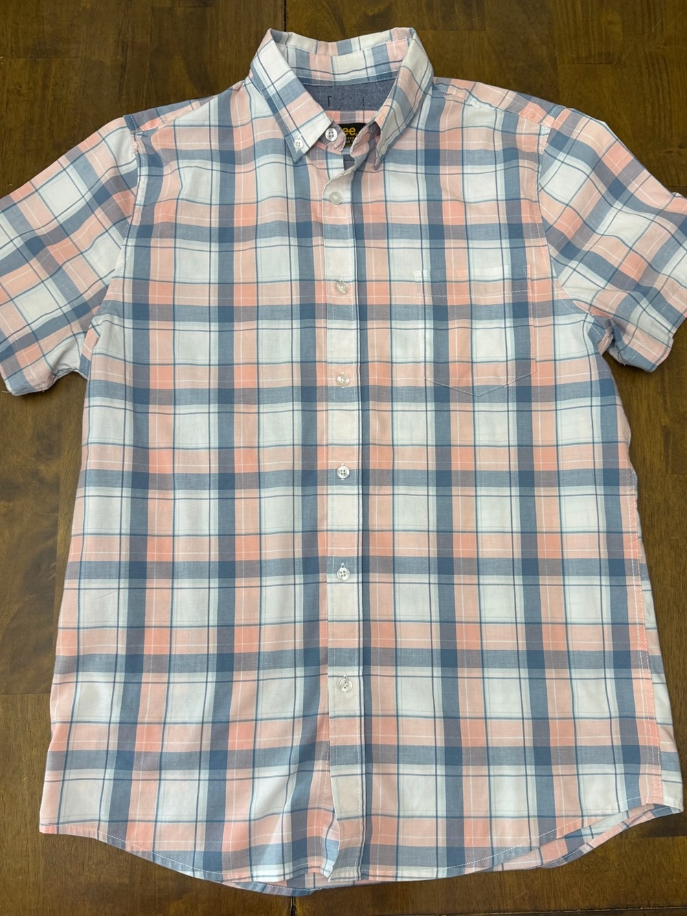 Lee Men’s Regular Fit Pink Blue Plaid Short Sleeve Button Down Shirt